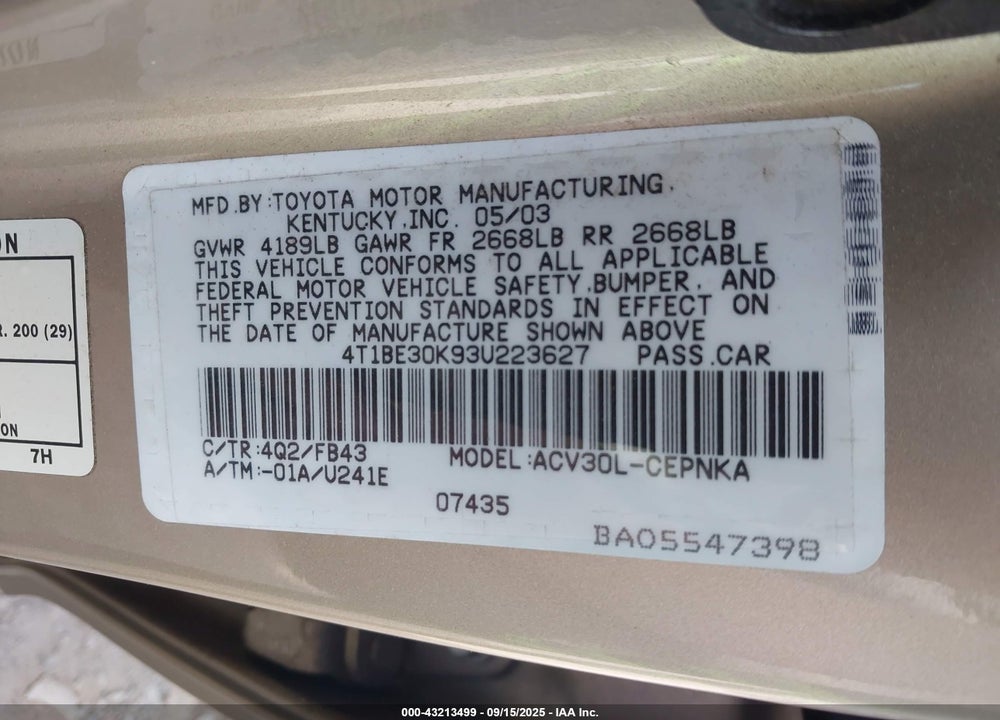 2003 TOYOTA CAMRY LE VIN: 4T1BE30K93U223627