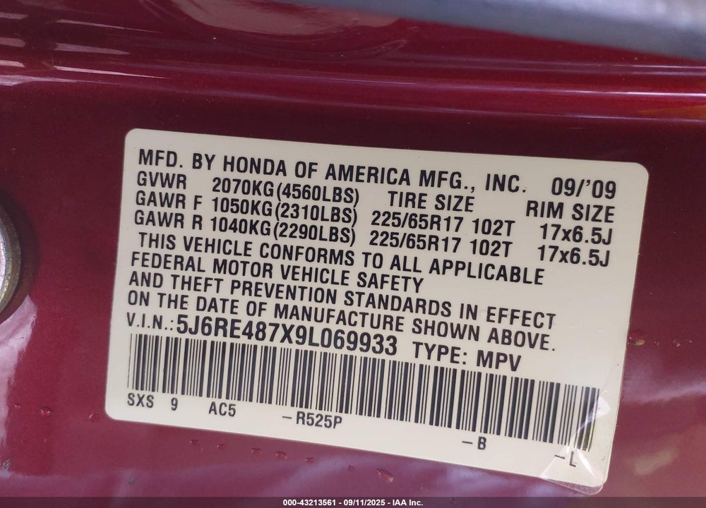 2009 HONDA CR-V VIN: 5J6RE487X9L069933