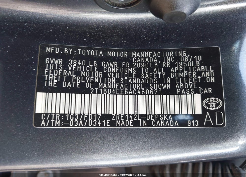 2010 TOYOTA COROLLA VIN: 2T1BU4EE6AC460621