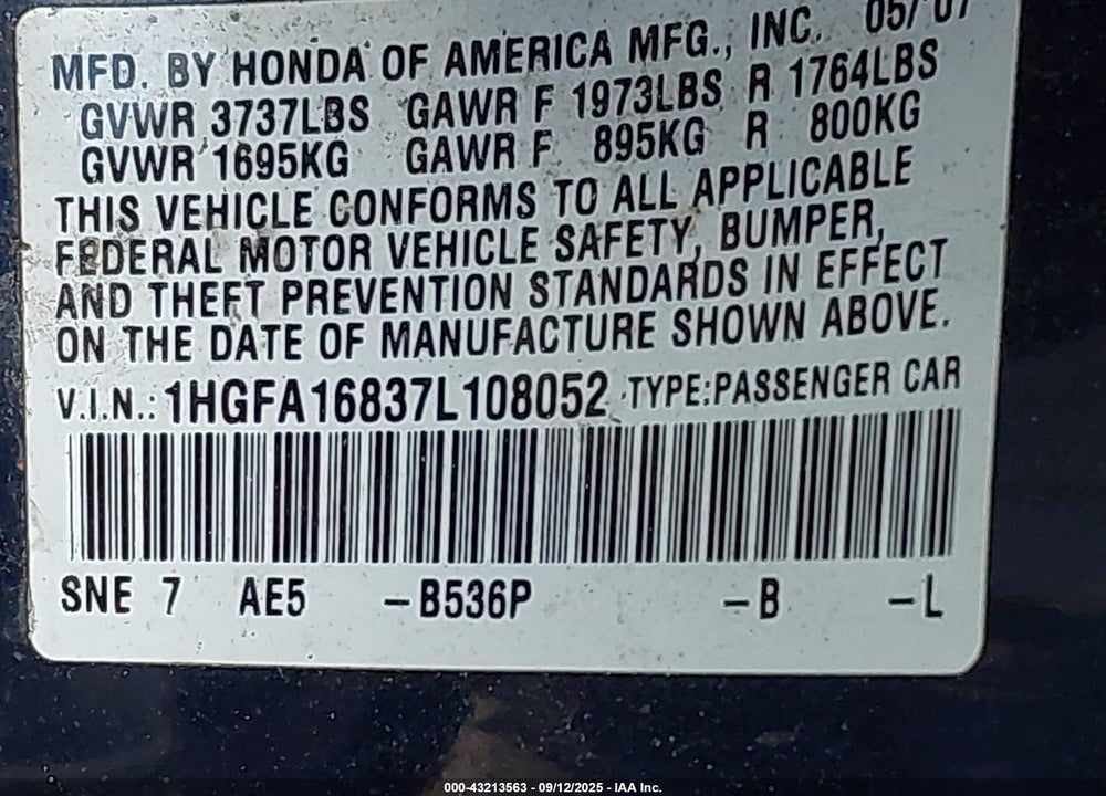 2007 HONDA CIVIC VIN: 1HGFA16837L108052