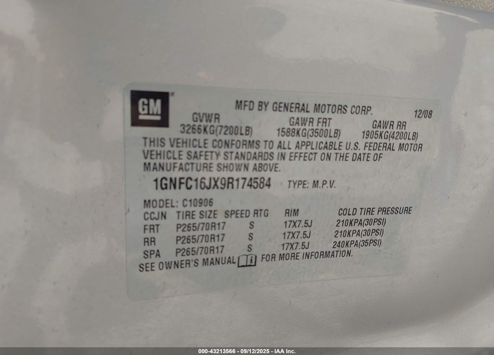 2009 CHEVROLET SUBURBAN 1500 VIN: 1GNFC16JX9R174584