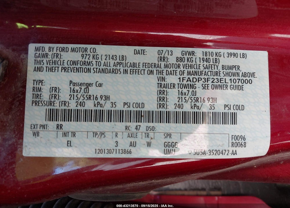 2014 FORD FOCUS VIN: 1FADP3F23EL107000