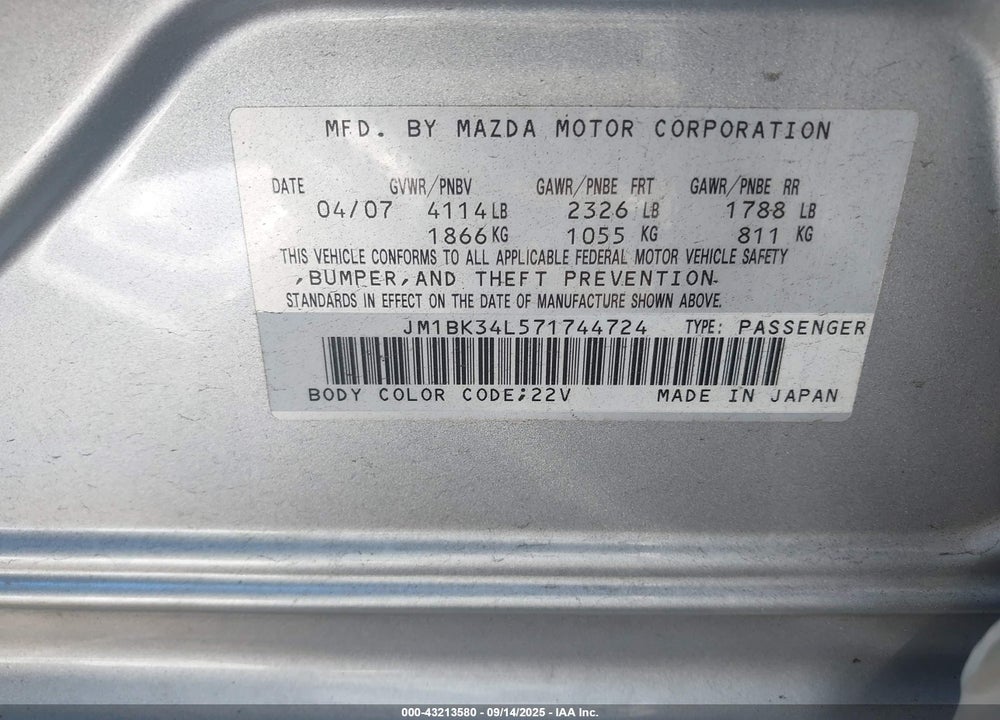 2007 MAZDA SPEED3 SPORT VIN: JM1BK34L571744724