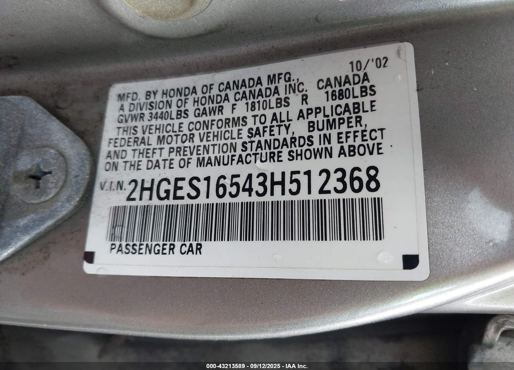 2003 HONDA CIVIC LX VIN: 2HGES16543H512368
