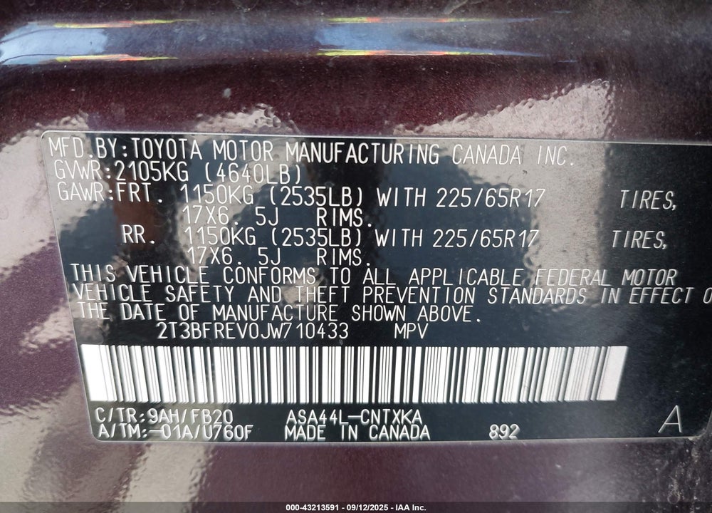 2018 TOYOTA RAV4 LE VIN: 2T3BFREV0JW710433