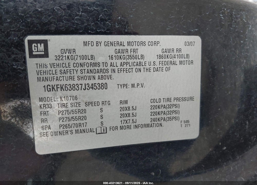 2007 GMC YUKON VIN: 1GKFK63837J345380
