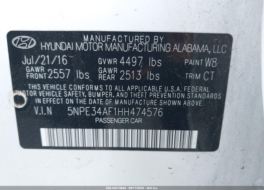 2017 HYUNDAI SONATA SPORT VIN: 5NPE34AF1HH474576