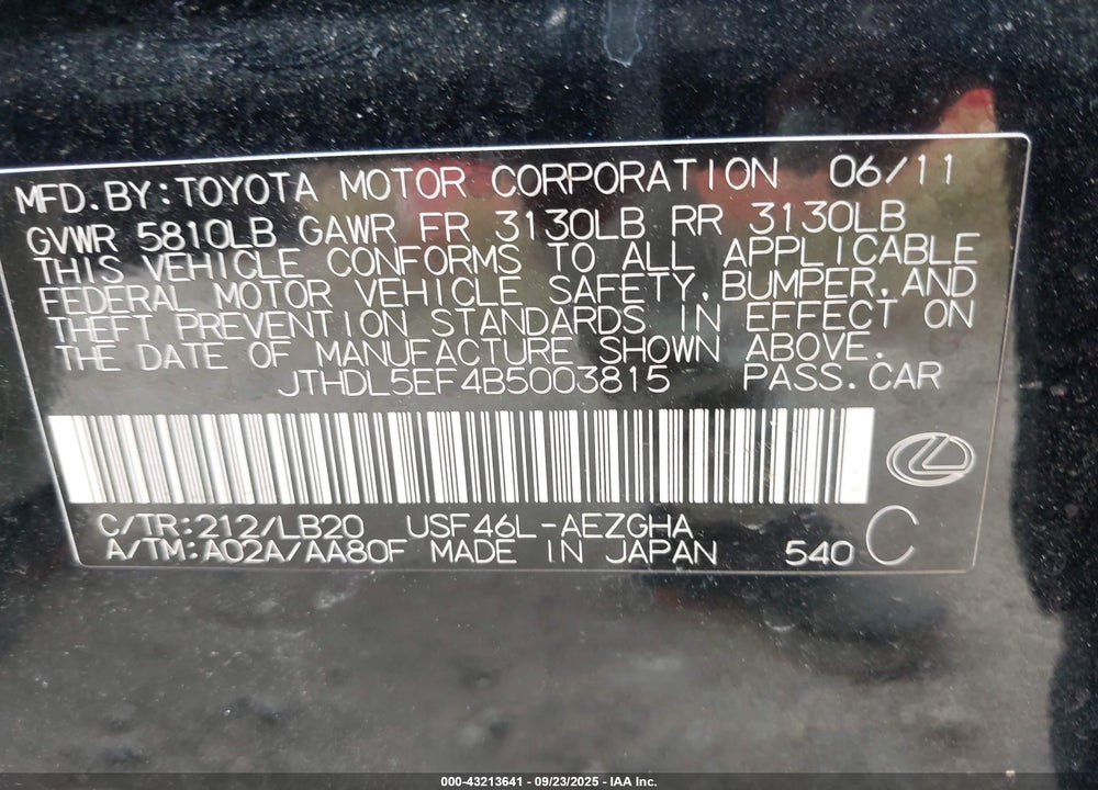 2011 LEXUS LS 460 L VIN: JTHDL5EF4B5003815
