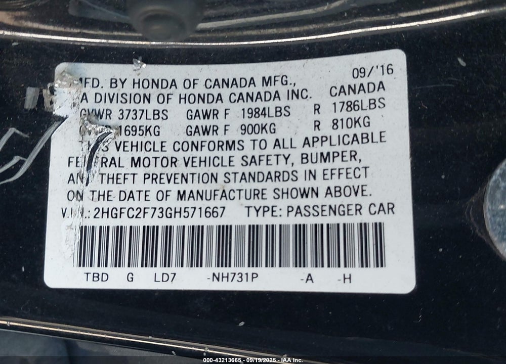 2016 HONDA CIVIC VIN: 2HGFC2F73GH571667