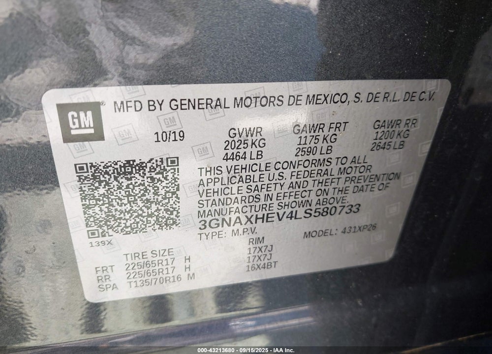 2020 CHEVROLET EQUINOX VIN: 3GNAXHEV4LS580733