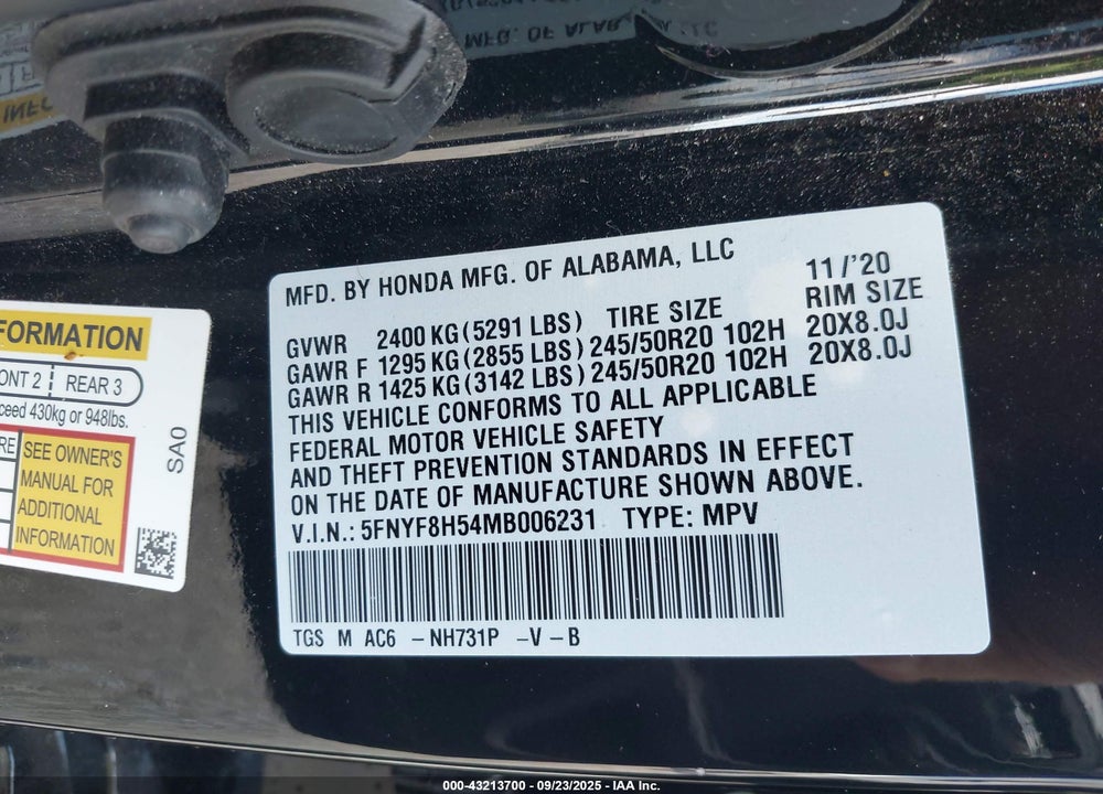 2021 HONDA PASSPORT VIN: 5FNYF8H54MB006231