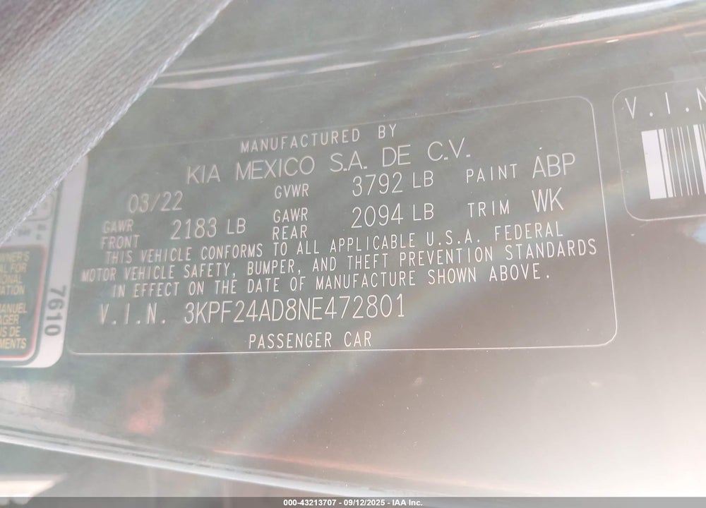 2022 KIA FORTE VIN: 3KPF24AD8NE472801