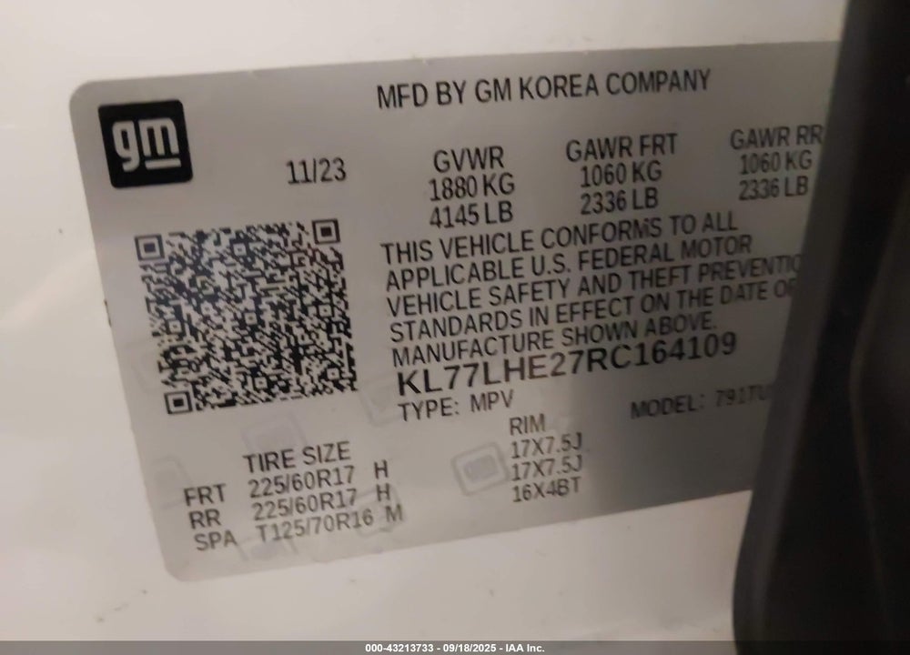 2024 CHEVROLET TRAX VIN: KL77LHE27RC164109
