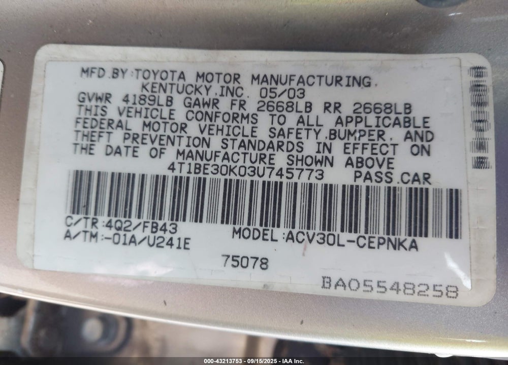 2003 TOYOTA CAMRY LE VIN: 4T1BE30K03U745773