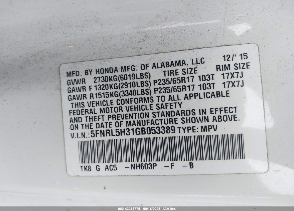2016 HONDA ODYSSEY SE VIN: 5FNRL5H31GB053389
