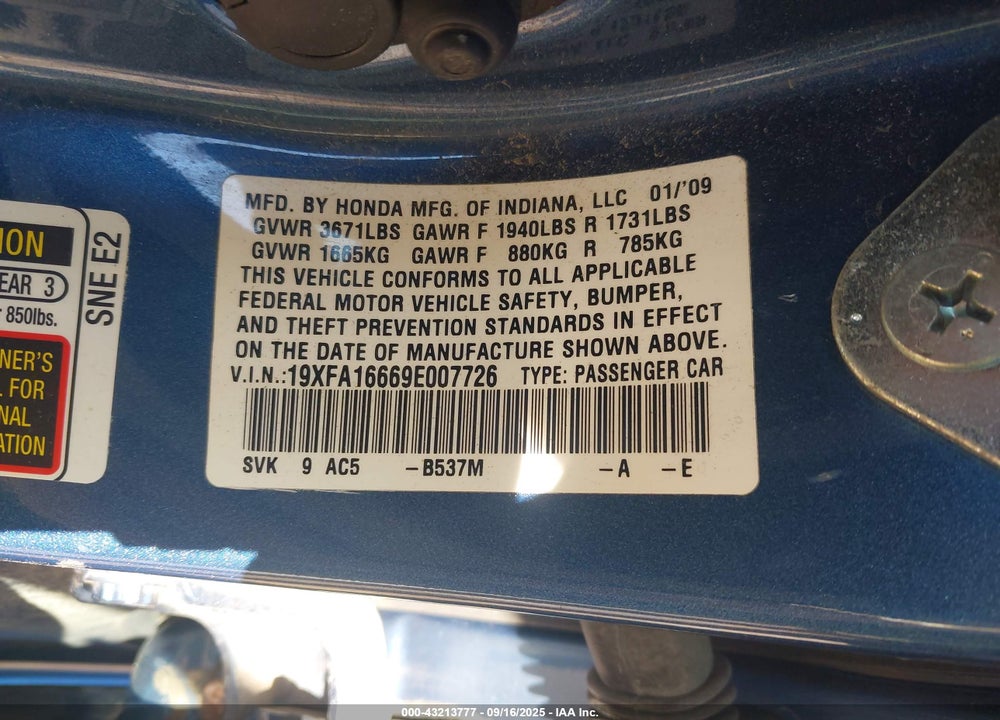 2009 HONDA CIVIC LX-S VIN: 19XFA16669E007726