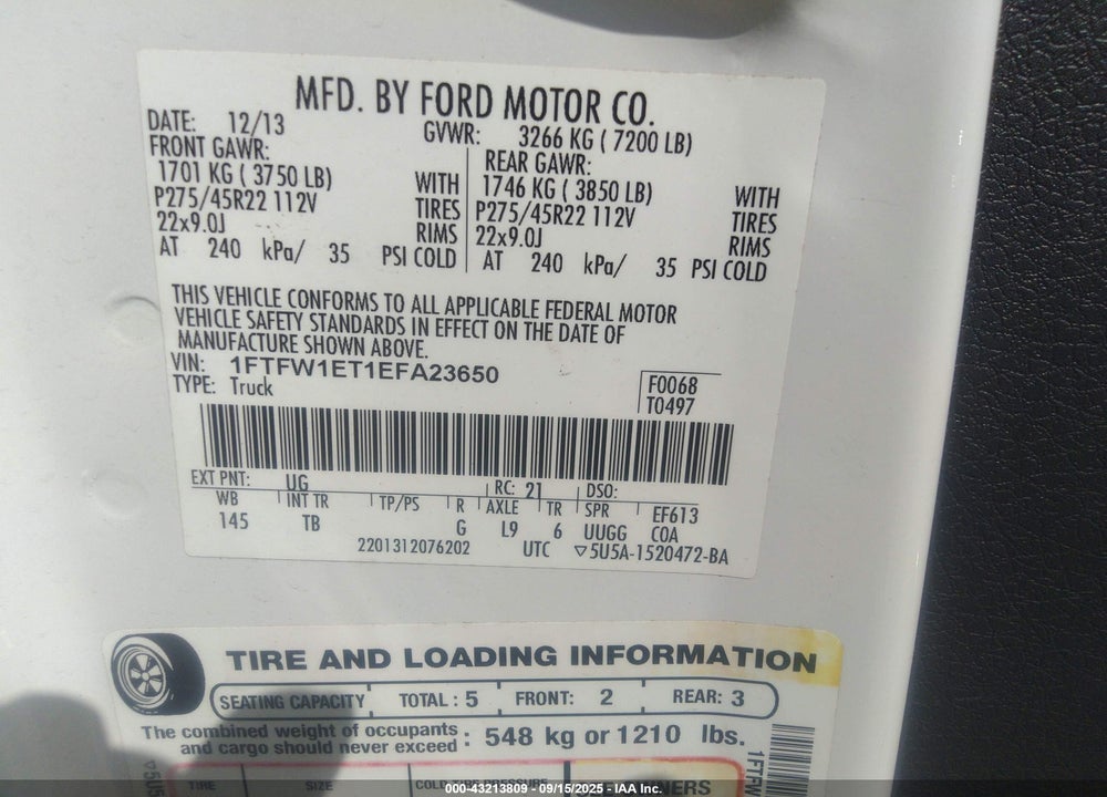 2014 FORD F-150 VIN: 1FTFW1ET1EFA23650