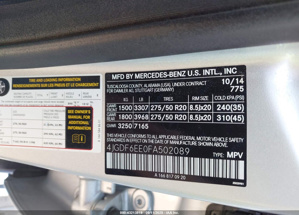 2015 MERCEDES-BENZ GL-CLASS VIN: 4JGDF6EE0FA502089