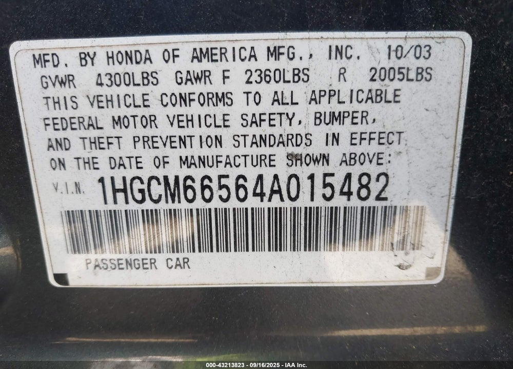 2004 HONDA ACCORD 3.0 EX VIN: 1HGCM66564A015482