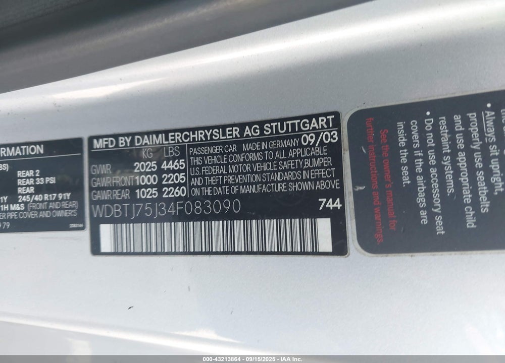 2004 MERCEDES-BENZ CLK 500 VIN: WDBTJ75J34F083090