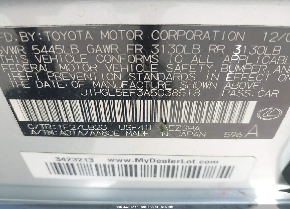 2010 LEXUS LS 460 VIN: JTHGL5EF3A5038518