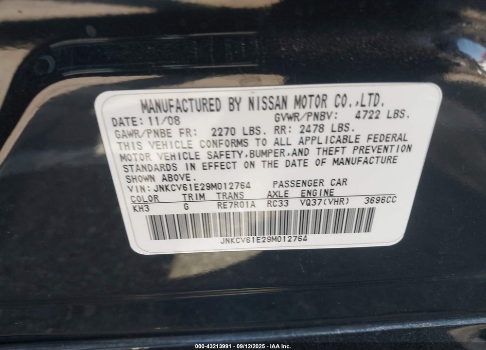 2009 INFINITI G37 VIN: JNKCV61E29M012764