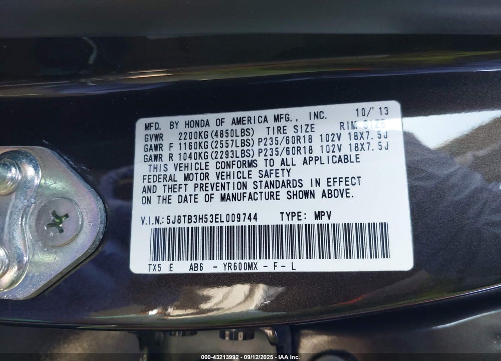 2014 ACURA RDX VIN: 5J8TB3H53EL009744