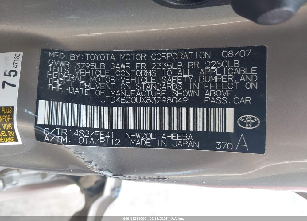 2008 TOYOTA PRIUS VIN: JTDKB20UX83298049