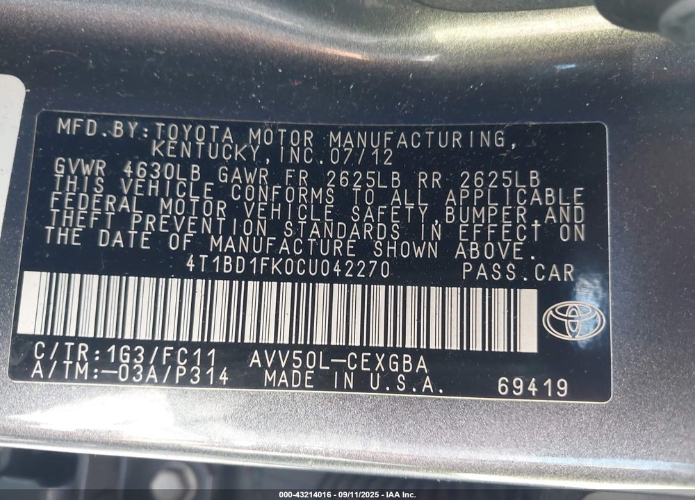 2012 TOYOTA CAMRY HYBRID VIN: 4T1BD1FK0CU042270