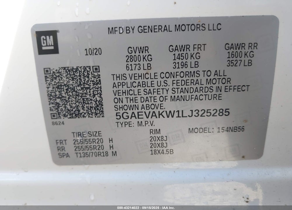 2020 BUICK ENCLAVE VIN: 5GAEVAKW1LJ325285