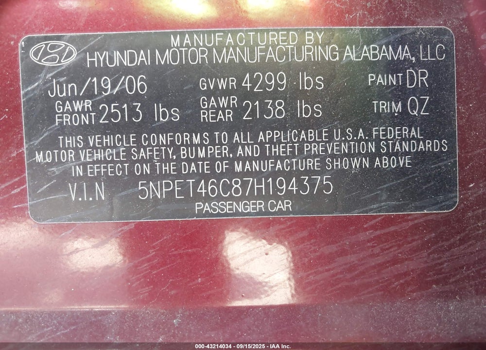 2007 HYUNDAI SONATA GLS VIN: 5NPET46C87H194375