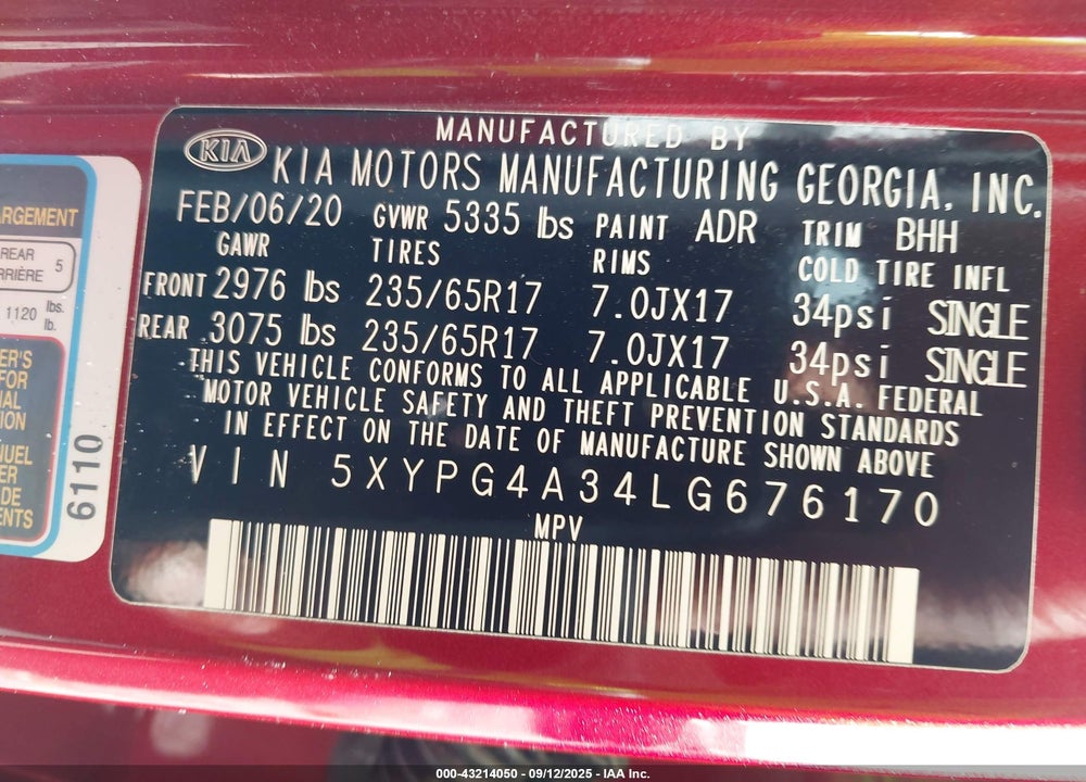 2020 KIA SORENTO VIN: 5XYPG4A34LG676170