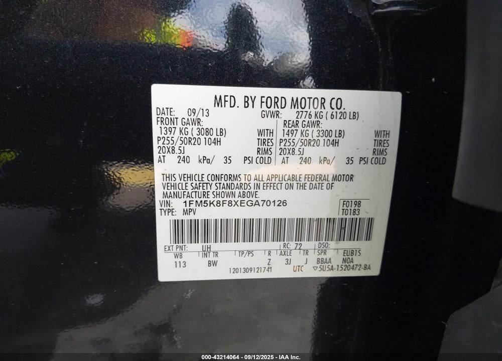 2014 FORD EXPLORER VIN: 1FM5K8F8XEGA70126