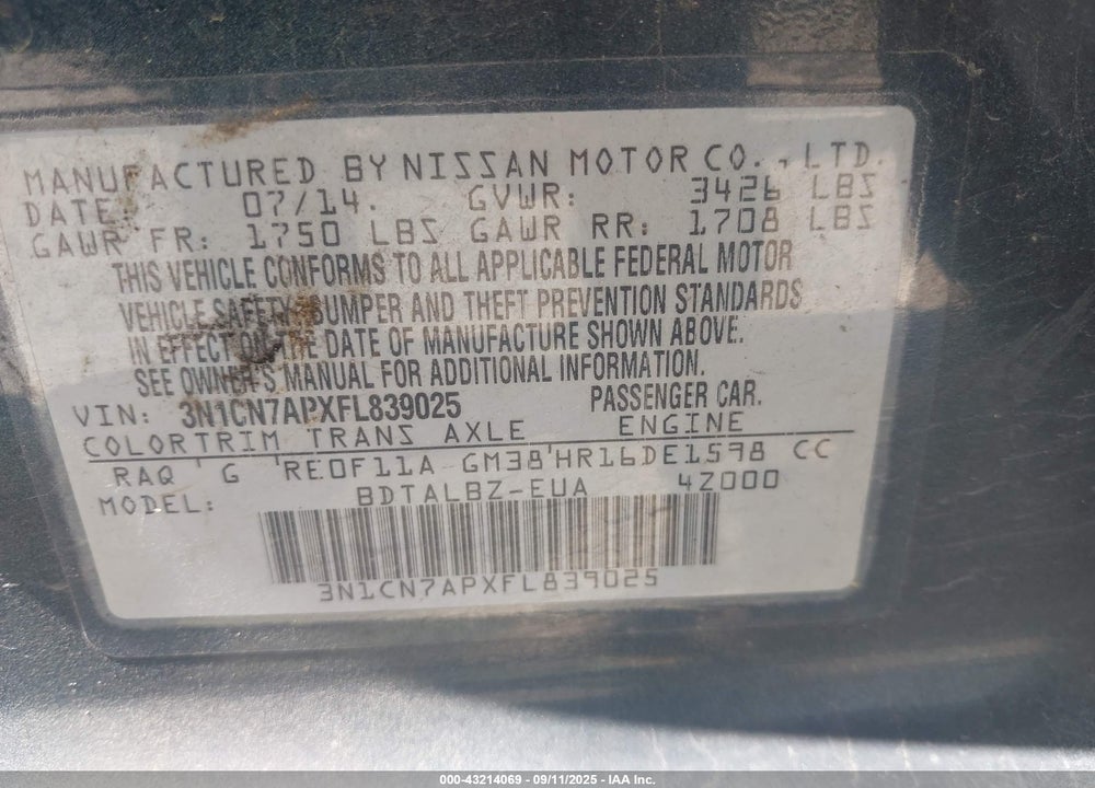 2015 NISSAN VERSA 1.6 S/1.6 S+/1.6 SL/1.6 SV VIN: 3N1CN7APXFL839025