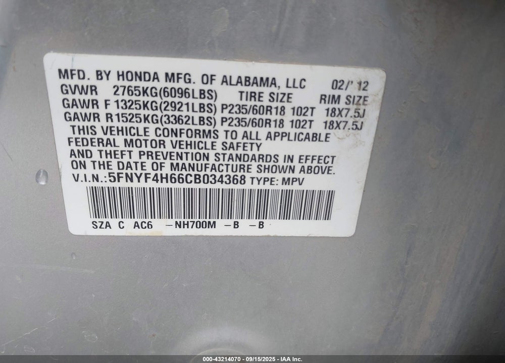2012 HONDA PILOT VIN: 5FNYF4H66CB034368