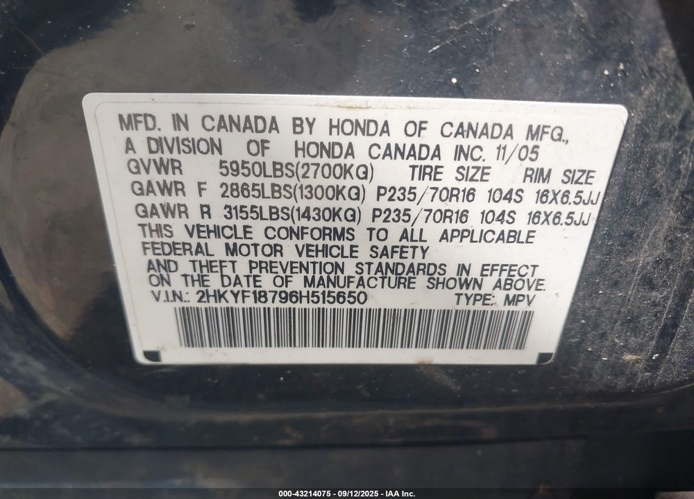 2006 HONDA PILOT EX-L VIN: 2HKYF18796H515650