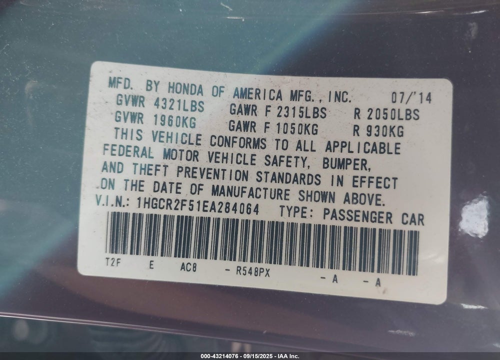 2014 HONDA ACCORD VIN: 1HGCR2F51EA284064