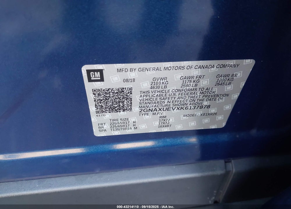 2019 CHEVROLET EQUINOX VIN: 2GNAXUEVXK6137878