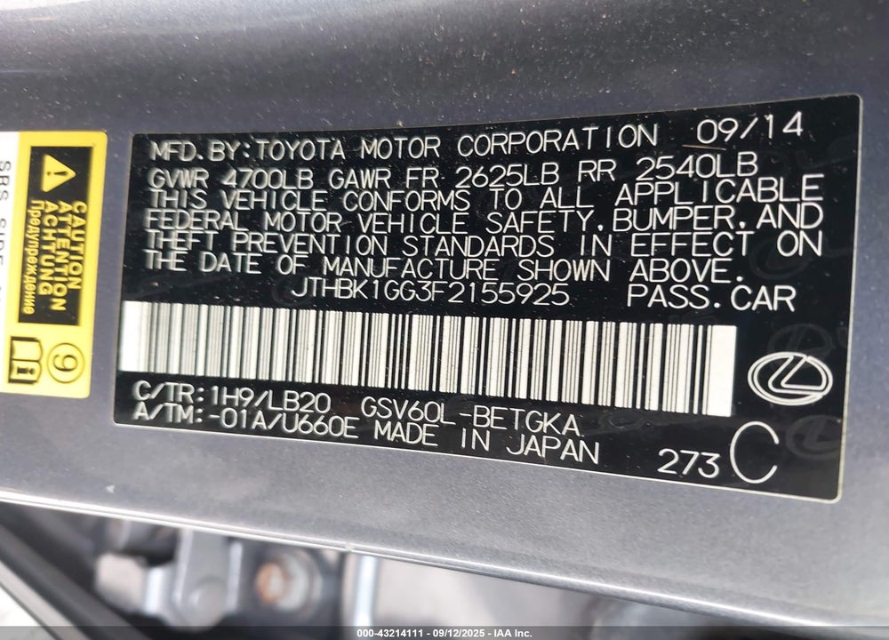 2015 LEXUS ES 350 VIN: JTHBK1GG3F2155925