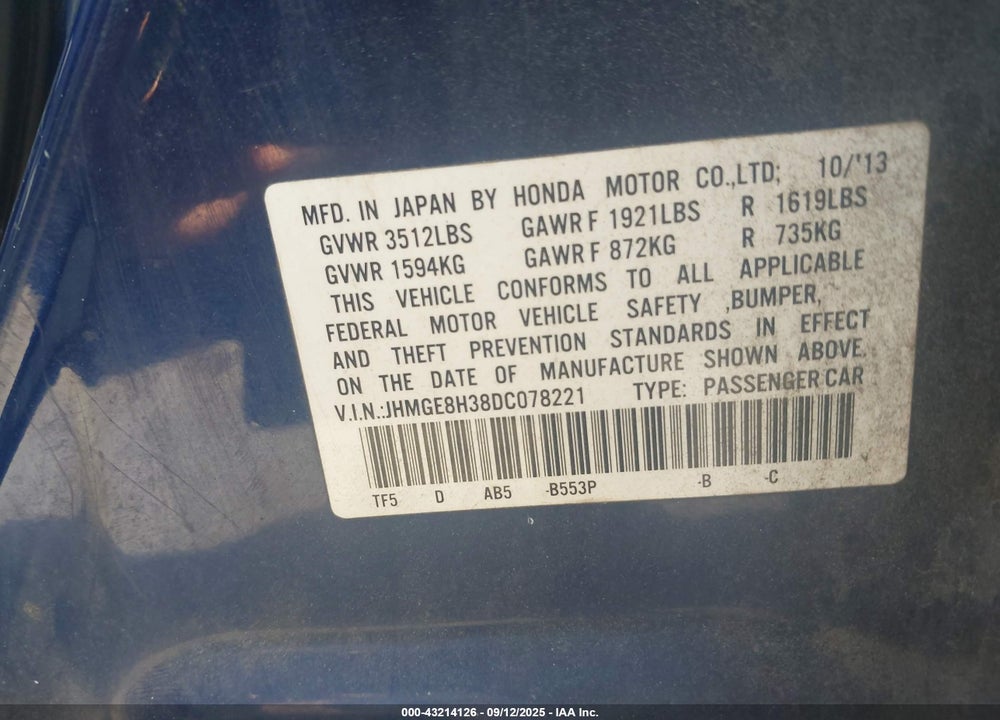 2013 HONDA FIT VIN: JHMGE8H38DC078221