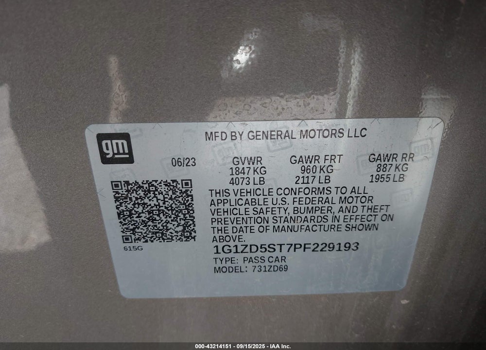 2023 CHEVROLET MALIBU VIN: 1G1ZD5ST7PF229193