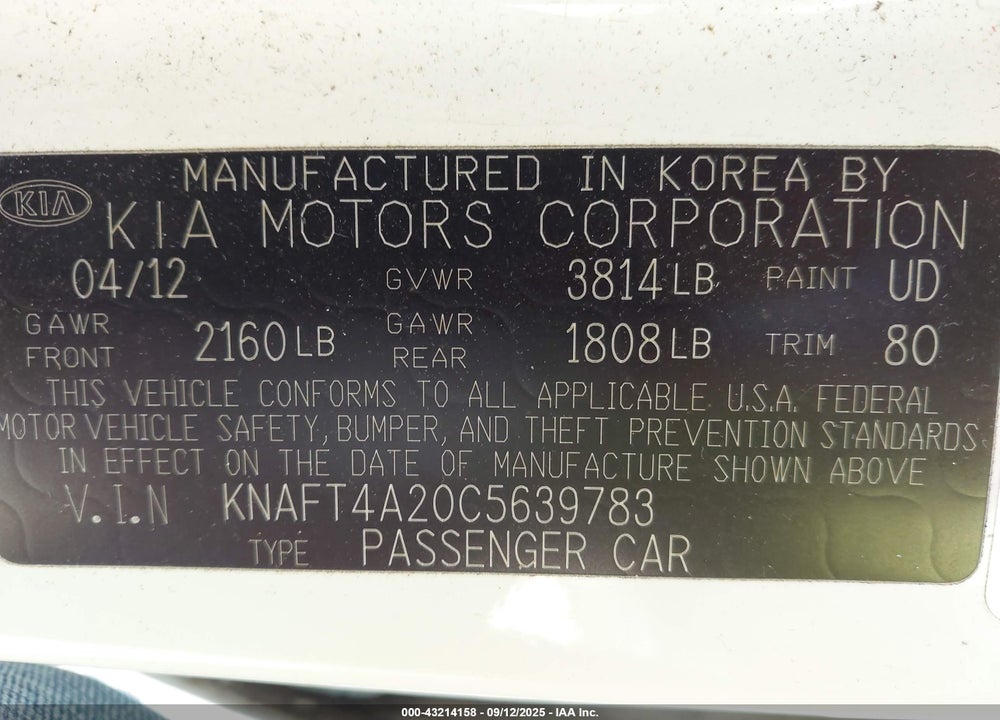 2012 KIA FORTE VIN: KNAFT4A20C5639783