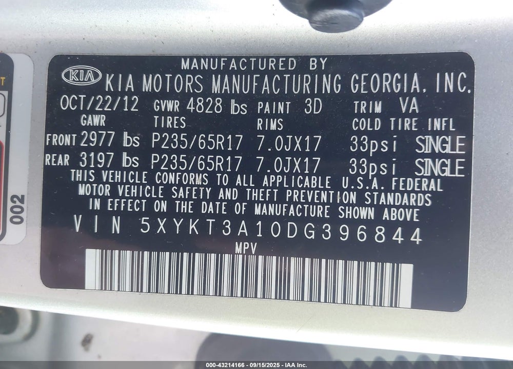 2013 KIA SORENTO VIN: 5XYKT3A10DG396844