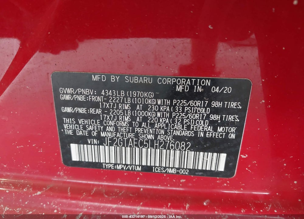 2020 SUBARU CROSSTREK VIN: JF2GTAEC5LH276082