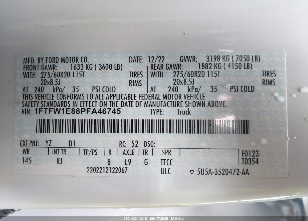 2023 FORD F-150 VIN: 1FTFW1E88PFA46745