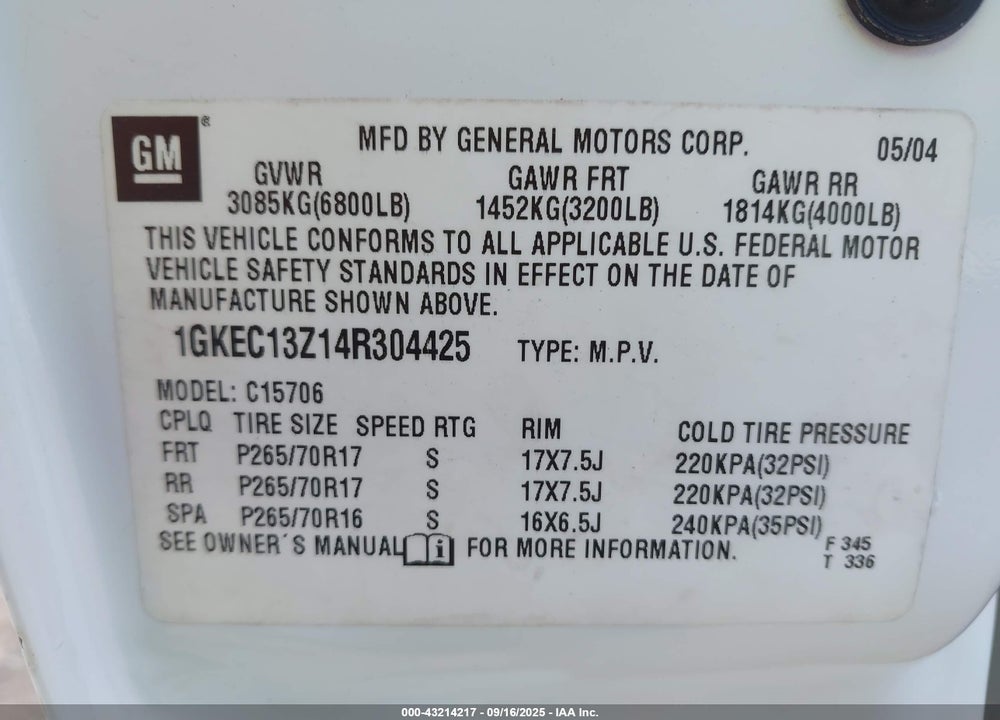 2004 GMC YUKON SLT VIN: 1GKEC13Z14R304425