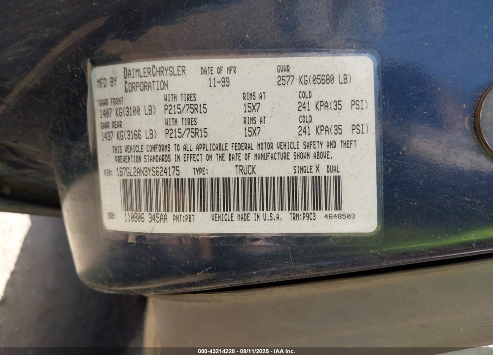 2000 DODGE DAKOTA SLT/SPORT VIN: 1B7GL2AN3YS624175