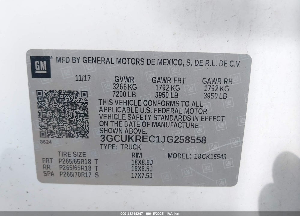 2018 CHEVROLET SILVERADO 1500 1LT VIN: 3GCUKREC1JG258558