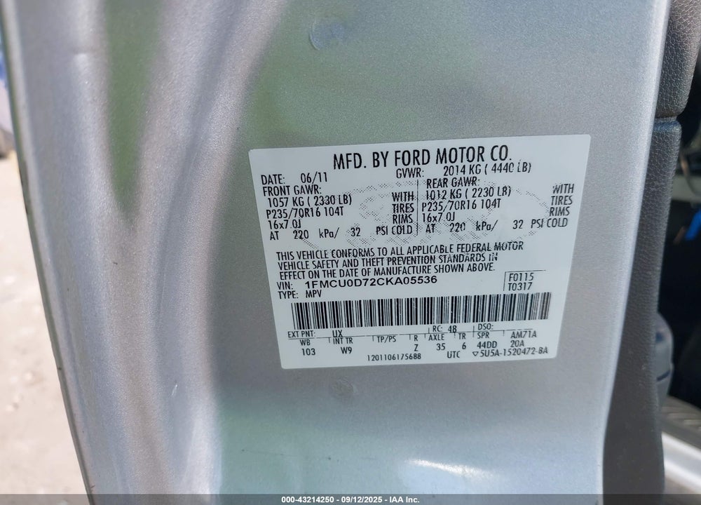 2012 FORD ESCAPE VIN: 1FMCU0D72CKA05536