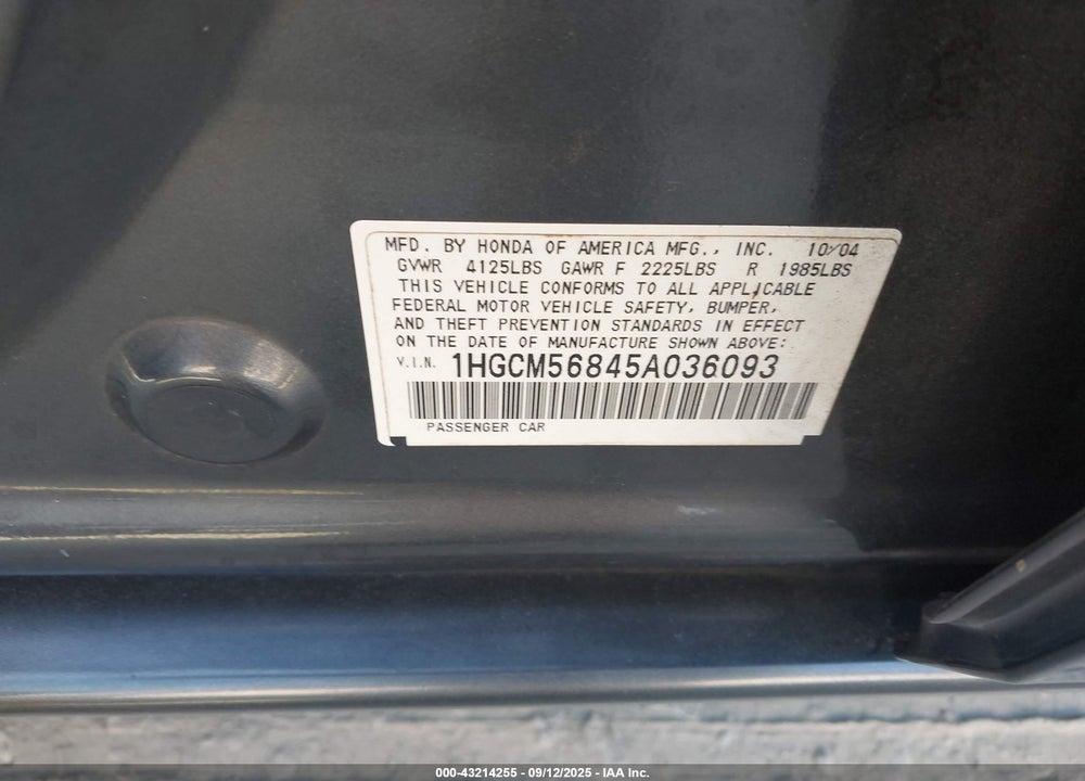 2005 HONDA ACCORD 2.4 EX VIN: 1HGCM56845A036093